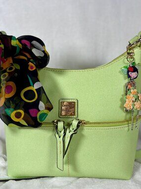 Dooney & Bourke Saffiano Leather Pocket Sac Vibrant Green with Scarf and Charm